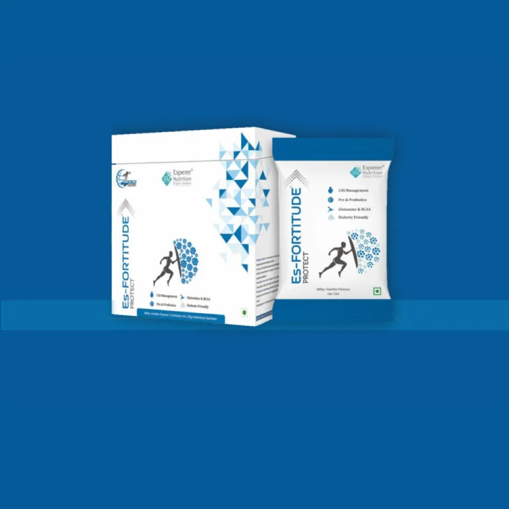 Es-Fortitude Protect provides protein, glutamine, BCAAs, probiotics and curcumin for nutritional support during cancer treatment. 14 x 20 g sachet pack.